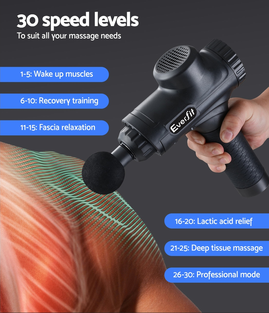 Everfit Massage Gun 30 Speed 6 Heads Vibration Muscle Massager Chargeable Black