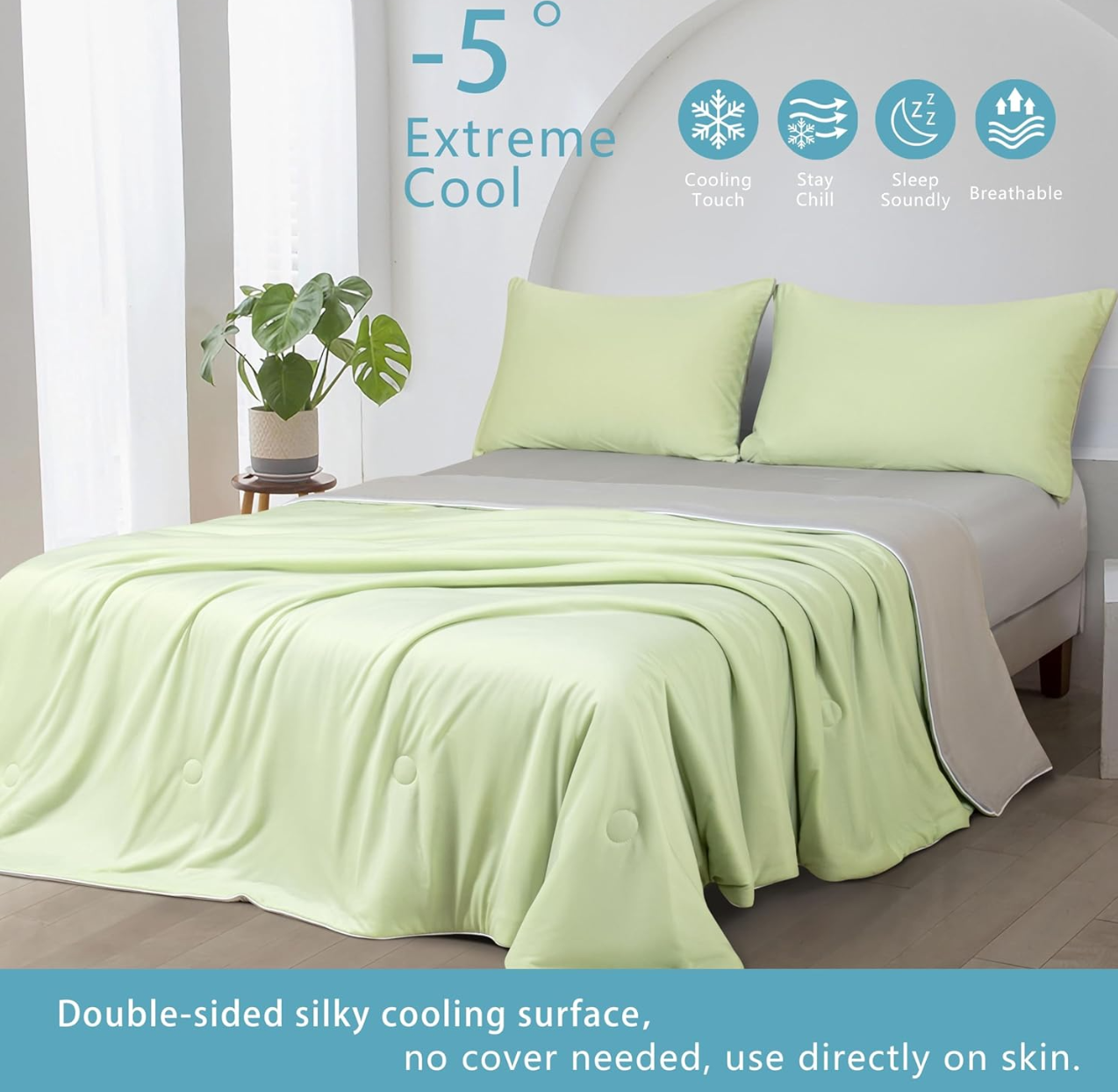 Ice Cooling Reversible Summer Comforter Blanket (Green and Grey, Single/Double)